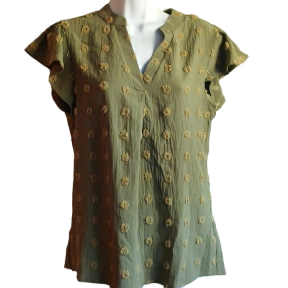 🏷olive Green V Neck Blouse With Embroidery NWOT Small (box 5) - Picture 1 of 4